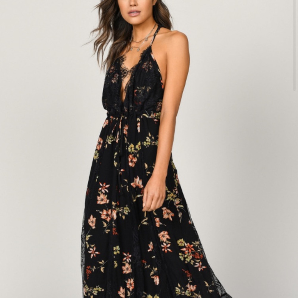 TOBI- long black floral open back dress